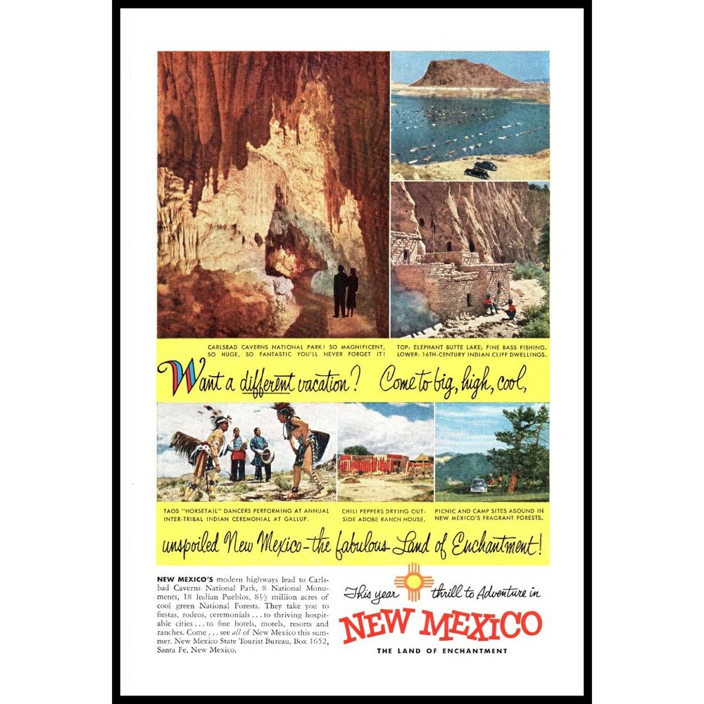 1953 New Mexico Vacation Travel Vintage Print Ad Carlbad Caverns Park Wall Art